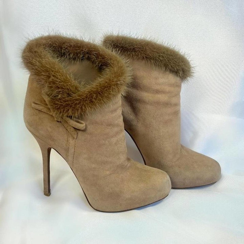 Vintage Christian Dior Tan Leather and Fur Ankle High Boots w Rabbit Fur 5 1/2